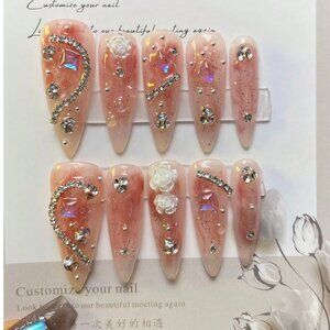 Elegant Handmade Pink Stiletto Rhinestone Press On Nail Set Sz S